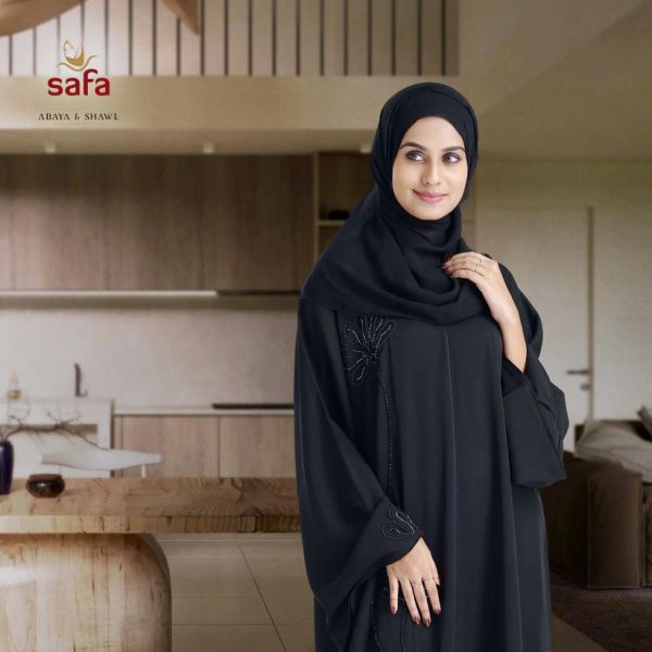 Light weight black closed abaya with grey black stone work online for best price Abaya Fashion Bawwaba Oman