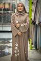 Mink Brown Abaya with White Floral Embroidery, 978